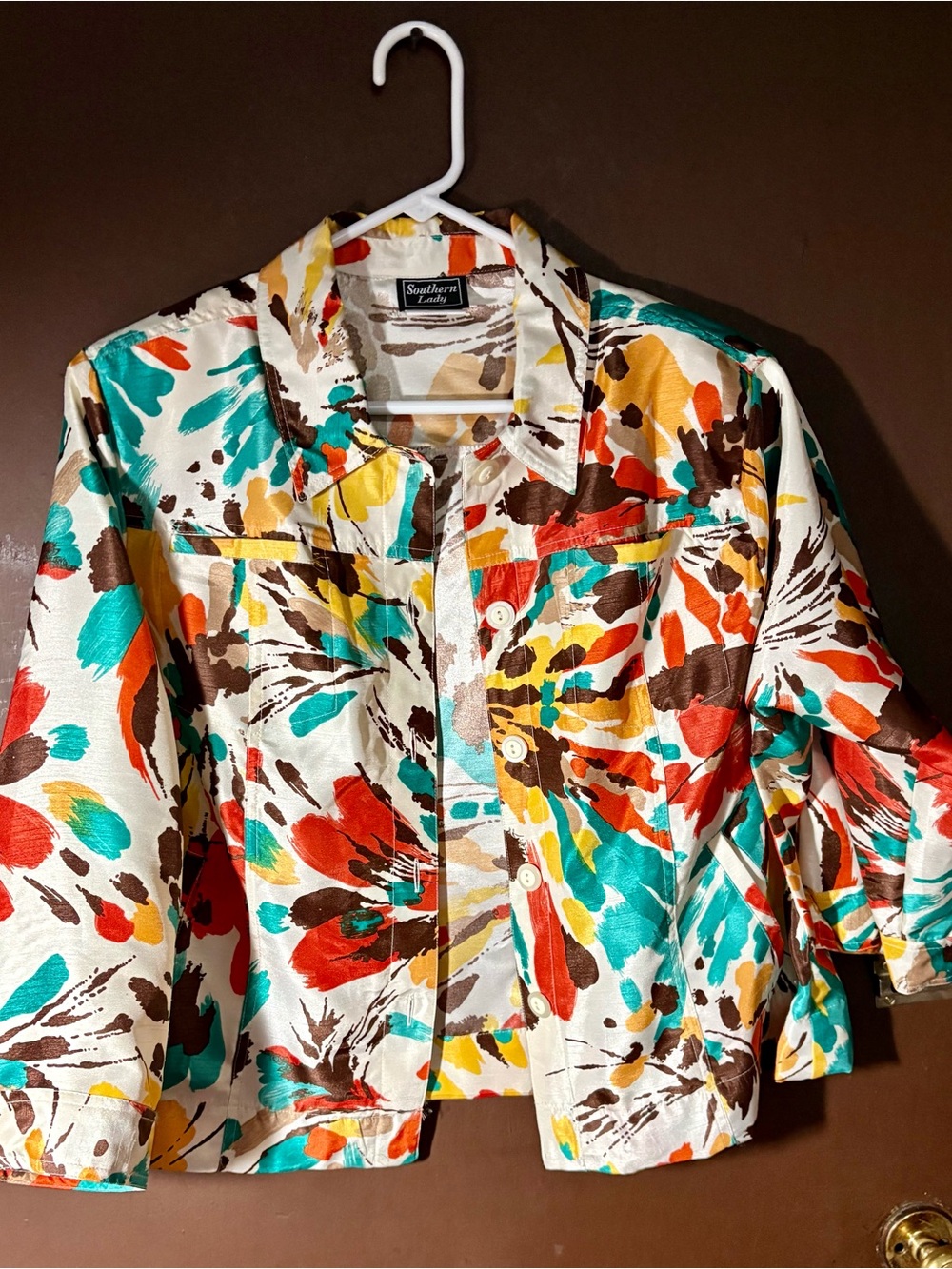 Vintage Southern Lady cream. Floral-Print Short Jacket with Teal & Coral Accent